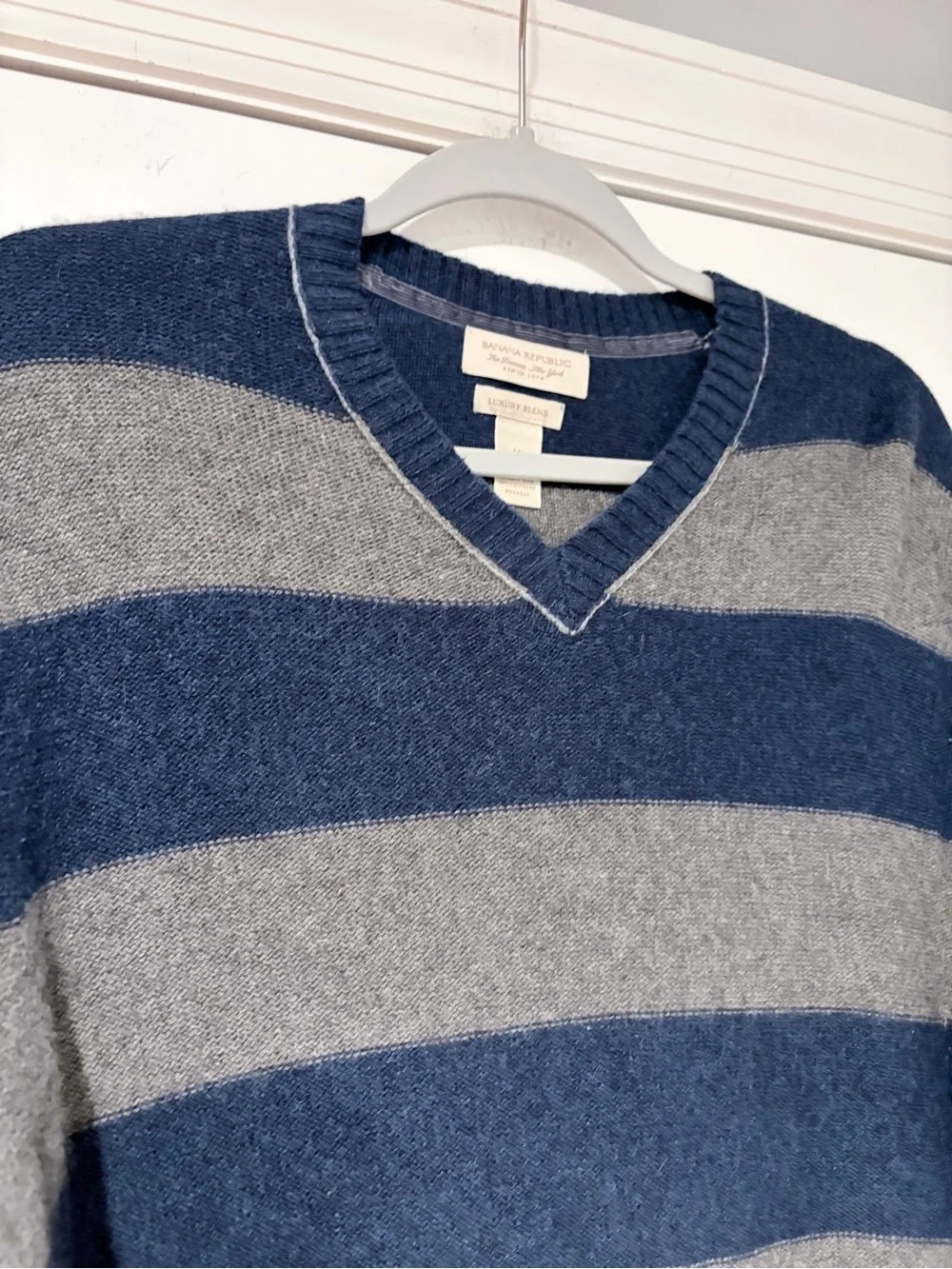 Banana Republic Navy and Gray Striped V-Neck Sweater